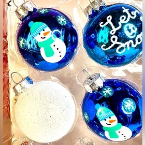 12 Royal Blue Let it Snow Glass Ball Ornaments Frosted Glitter Snowman